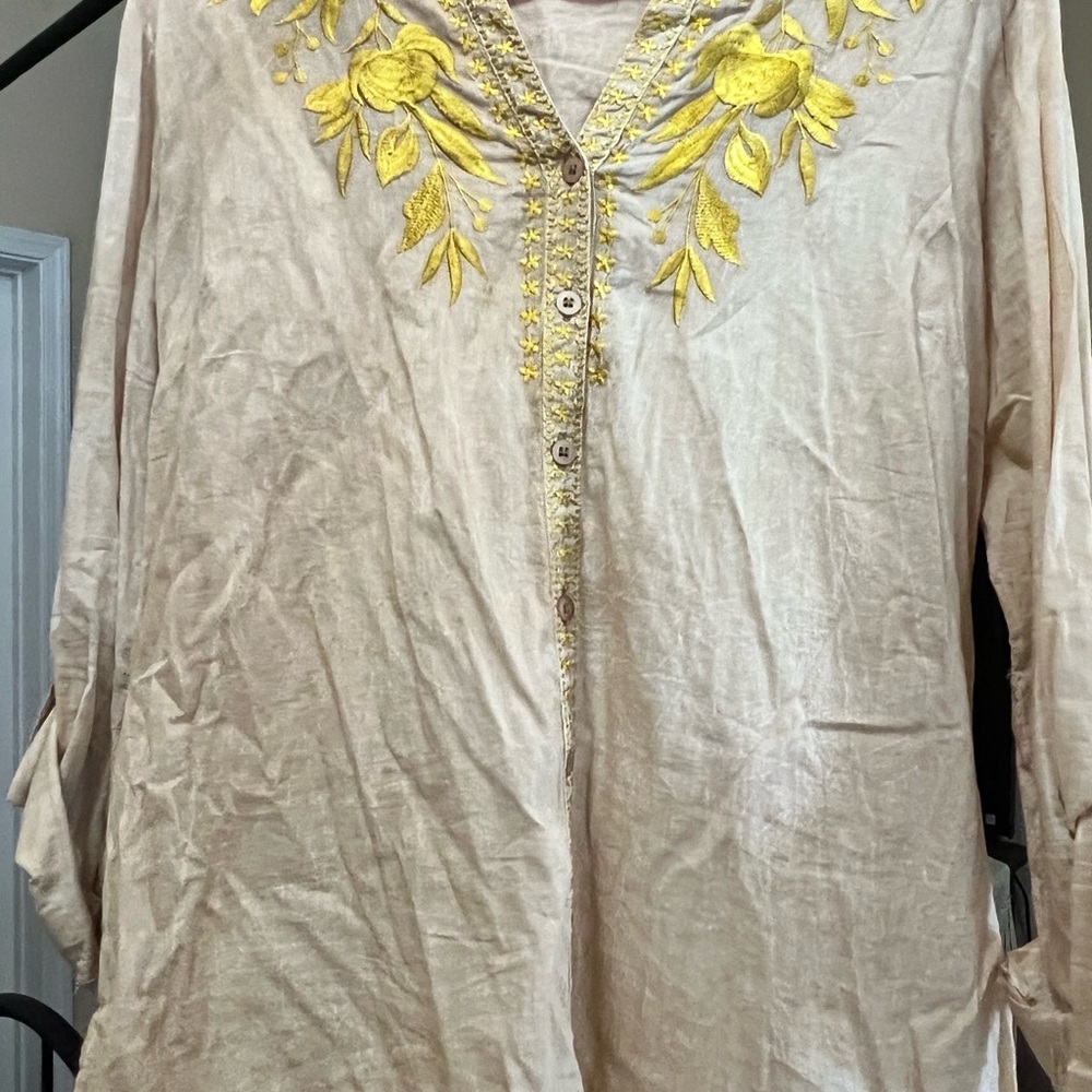 Tan Embellished 3/4 Sleeve Blouse with Mandarin Collar